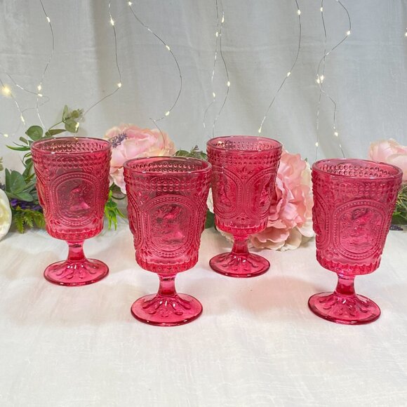 Easter Bunny Hobnail Victorian Footed Water/Wine Goblets Glasses Pink Set 4 - Picture 4 of 6